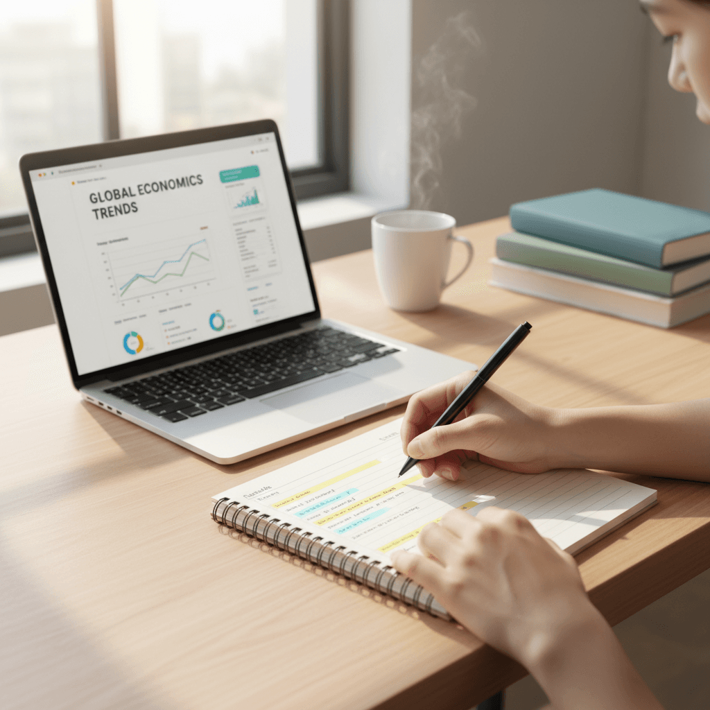 Student focused on studying with notebook and pen in a bright, organized study environment